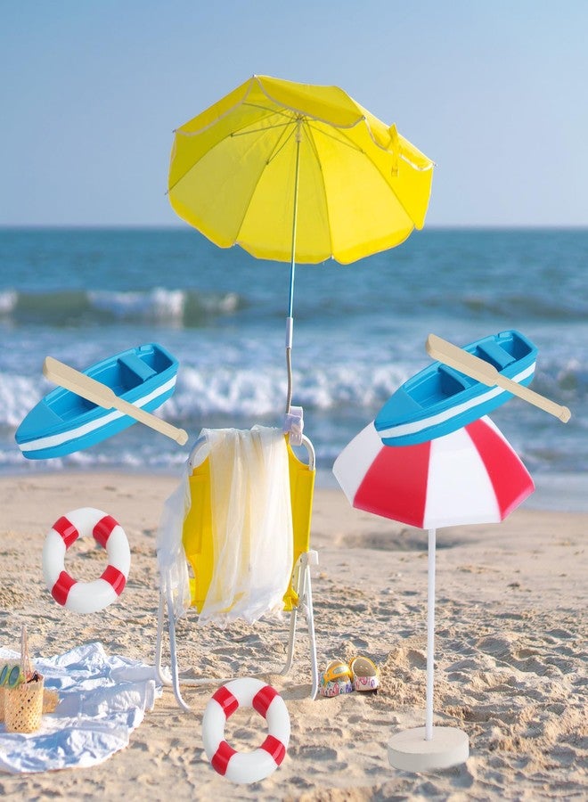 Begino 4 Sets of Miniature Rowboat Mini Blue Boat with Red Oars Figurines Micro Landscape Life Buoy Red Beach Umbrellas Canoe Models Ocean Beach Scene Ornaments - Image 5